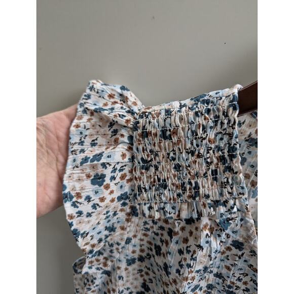 Loft Blouse Top Women MediumBlue‎ Floral Sleeveless Ruffle Trim V Neck Button Up - Picture 5 of 7